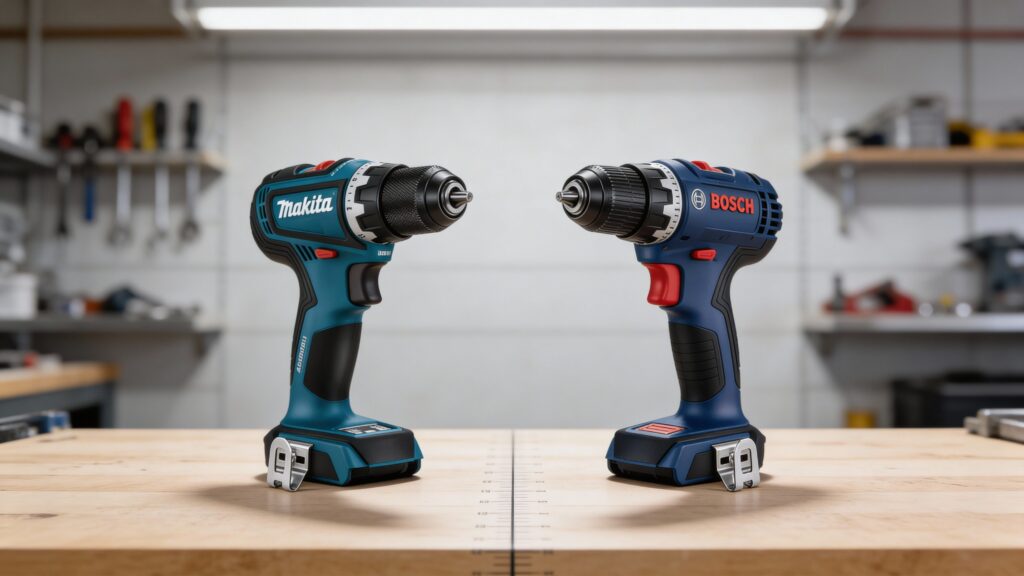 Bosch 18V and Makita LXT cordless drills side by side for cabinet and finish work comparison