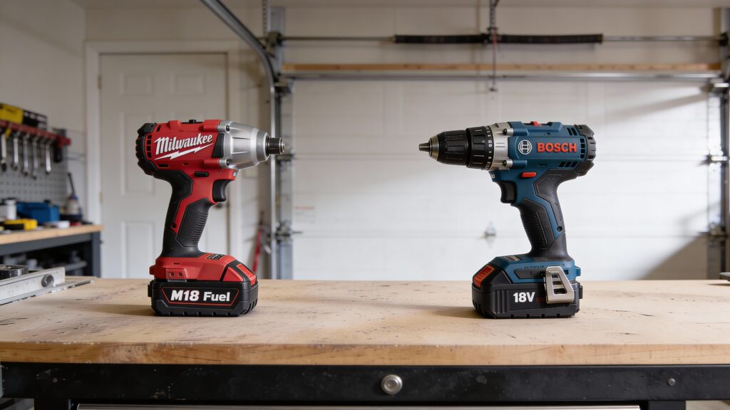 Side-by-side comparison of Milwaukee M18 FUEL and Bosch 18V cordless tools on a professional workbench