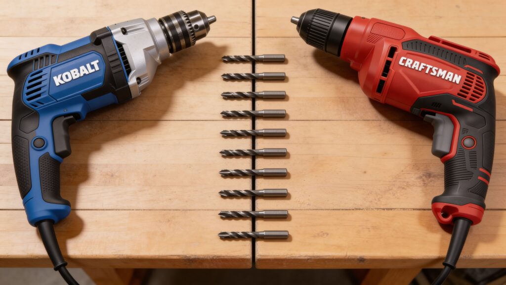 1/2 inch chuck corded drill and 3/8 inch chuck corded drill positioned side by side on a workshop bench for direct size and capacity comparison