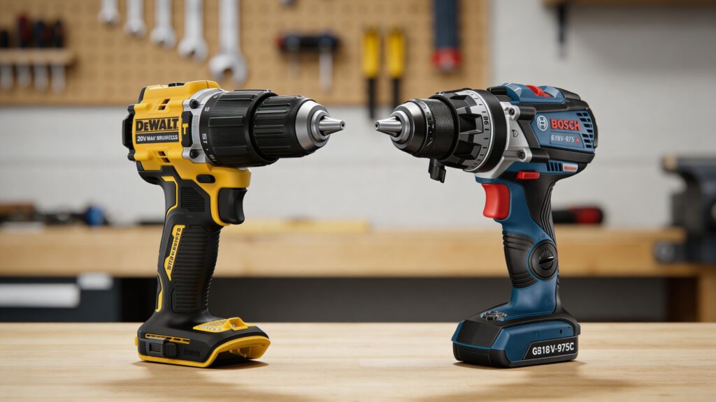 Side-by-side comparison of 1/2-inch and 3/8-inch chuck hammer drills on a workshop bench, highlighting size difference and chuck capacity