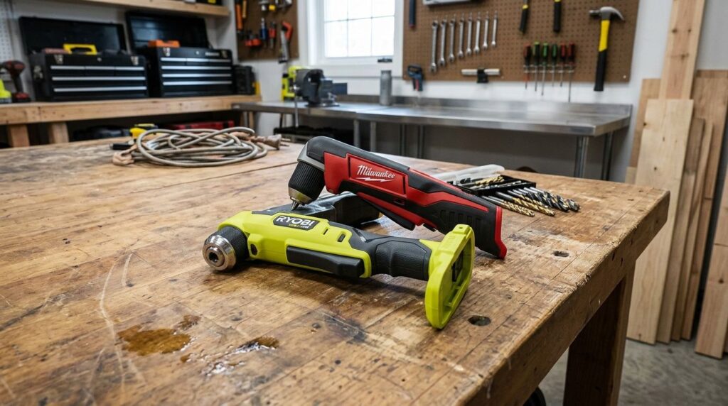 18V vs 12V right-angle drills side-by-side comparison showing size, power, and compact design differences