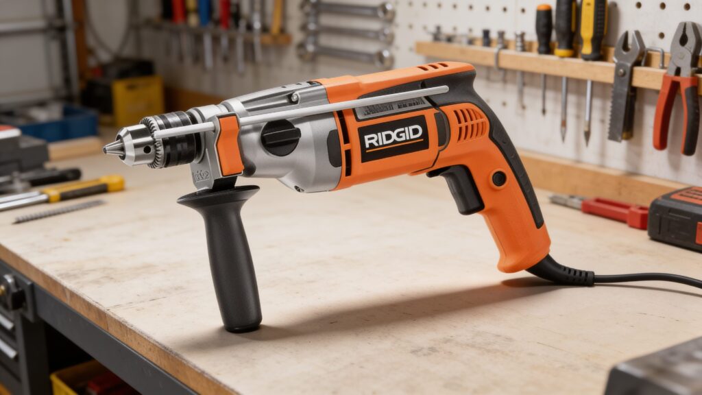 Corded drill being used in a home renovation project to drill into wood framing for construction work