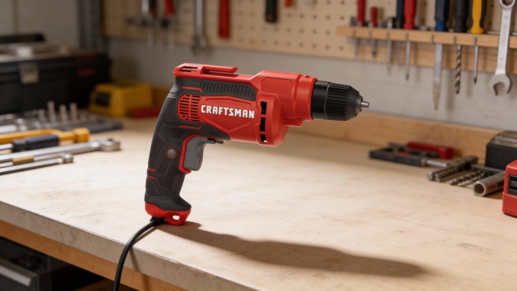 Professional contractor using a corded power drill in a workshop while selecting the right drill for home improvement projects