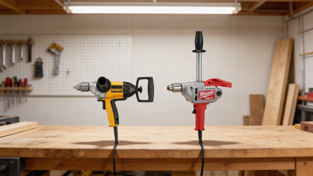DeWalt DW130V and Milwaukee 1660-6 mixing drills positioned side by side for professional comparison