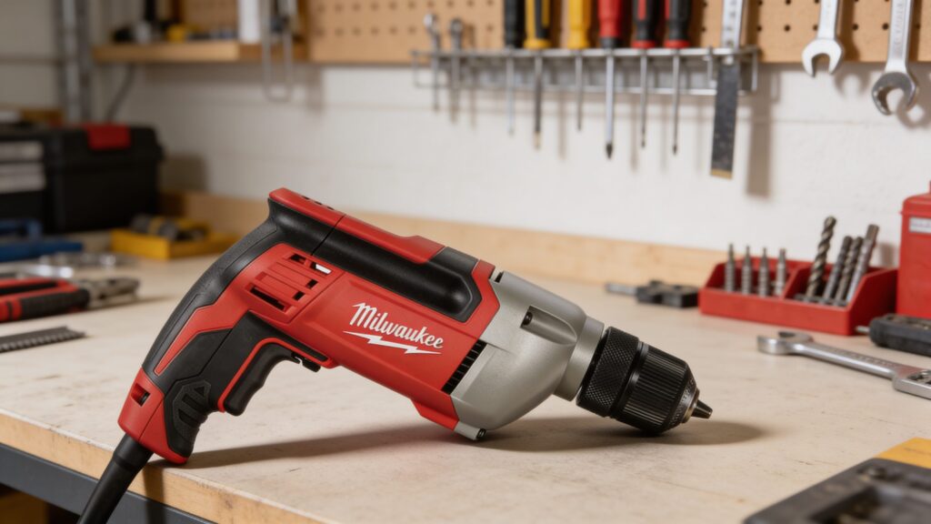 A professional contractor selecting the best corded drill for continuous use applications in a workshop setting, surrounded by power tools and materials.