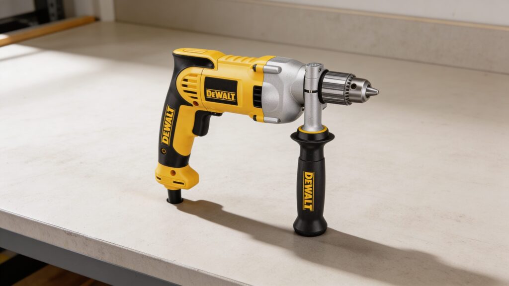 Professional using a corded drill for woodworking in a well-equipped shop with wood materials and tools.