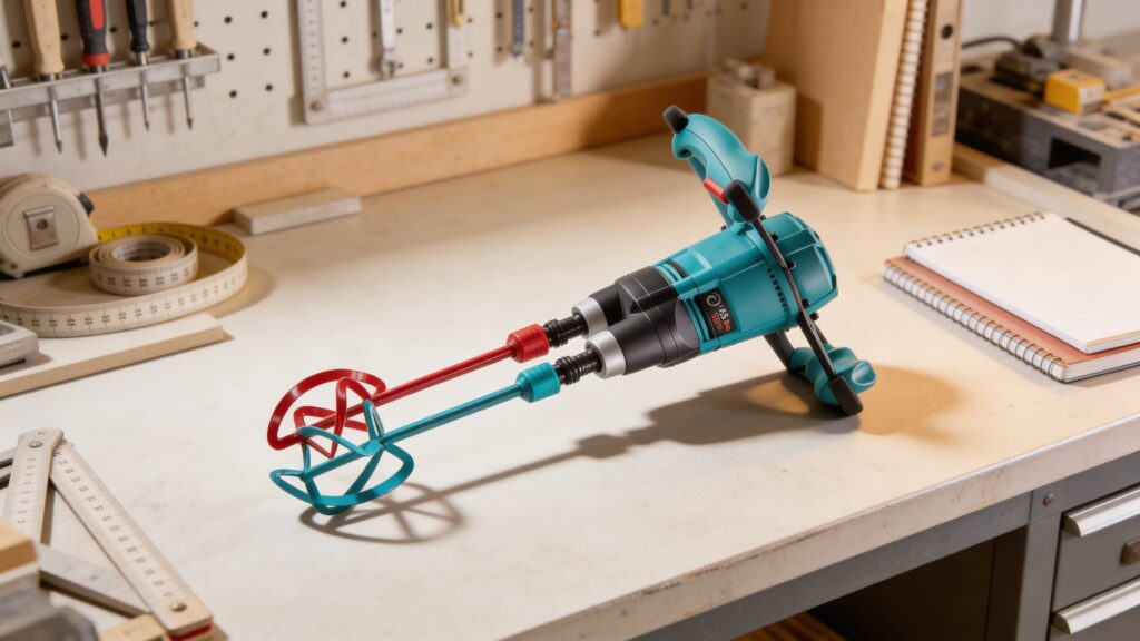Professional contractor using a heavy-duty mixing drill to blend mortar in a jobsite setting for a mixing drills buying guide.