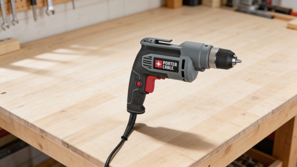 Close-up of a corded drill with adjustable speed control settings on its handle, highlighting the mechanism that enables variable speed for precision work.