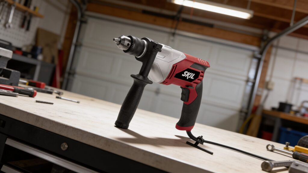 Illustration showing the importance of duty cycle in corded drills, featuring a drill in action with a focus on motor performance and efficiency.