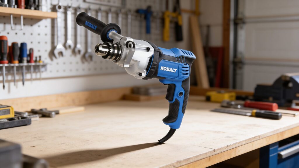 Close-up of a corded drill boring into hardwood, highlighting consistent power delivery and stable torque under load
