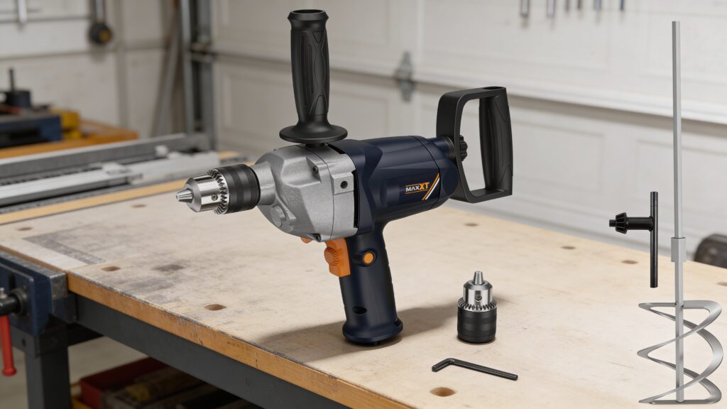 High torque mixing drill blending thick concrete in a bucket on a job site, demonstrating power and control
