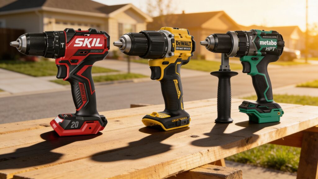 Professional cordless hammer drill driving a masonry bit into a concrete slab on an active jobsite