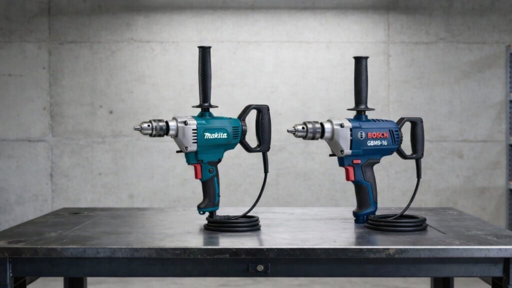 Bosch GBM9-16 and Makita DS4012 mixing drills side by side on workbench for professional head-to-head comparison
