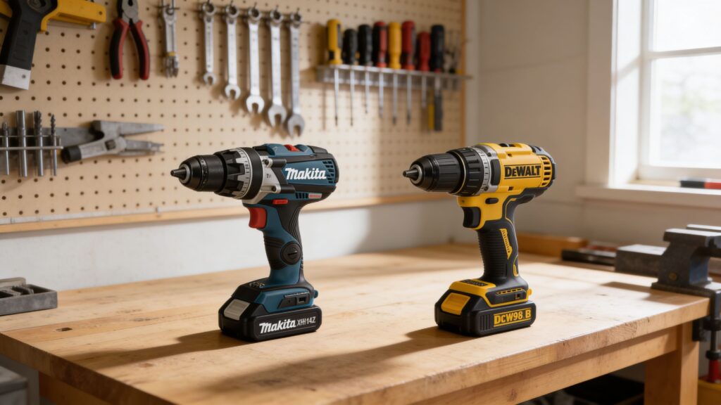 Bosch HD18-2 and DeWalt DCD996B hammer drills side by side on a workshop bench for performance comparison