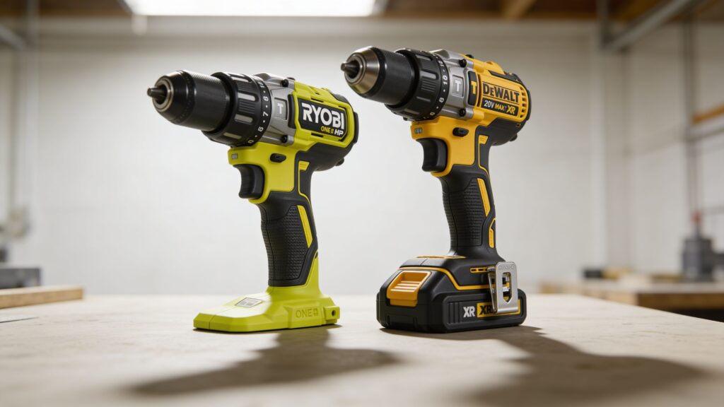 Compact and full-size hammer drills side by side on a workshop bench highlighting size, power, and design differences