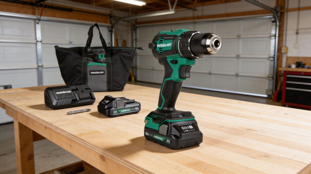 Cordless drill being used to drive deck screws into wooden decking during outdoor deck construction