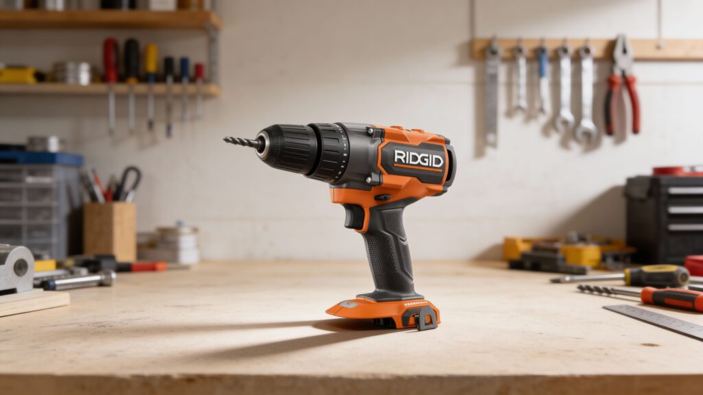 Cordless drill and drill bits arranged in a clean DIY workspace, illustrating key tools used for home improvement projects