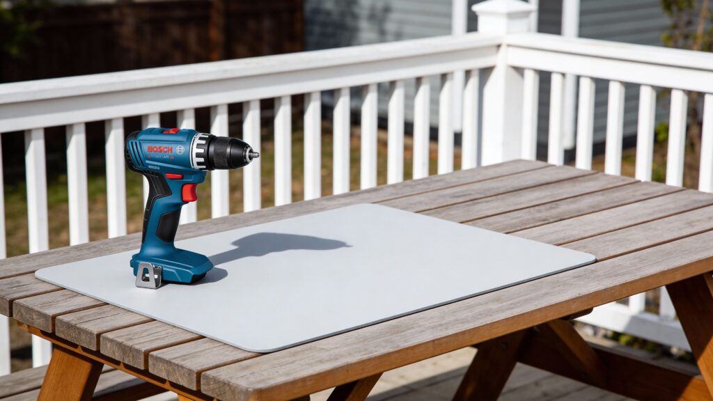 Cordless drill on a workbench with battery and charger, illustrating a beginner-friendly power tool setup