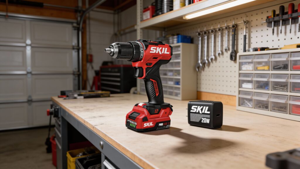 Cordless drill resting on a workbench in a well-organized garage workshop with tools and materials