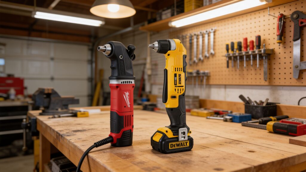 Cordless and corded right-angle drills side by side showing design, power source differences, and workspace flexibility