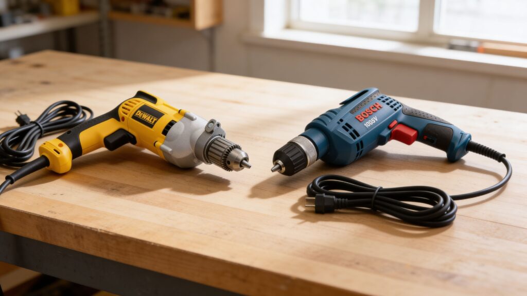 DeWalt DWD210G and Bosch 1006VSR corded drills positioned side by side on a workshop bench for professional comparison