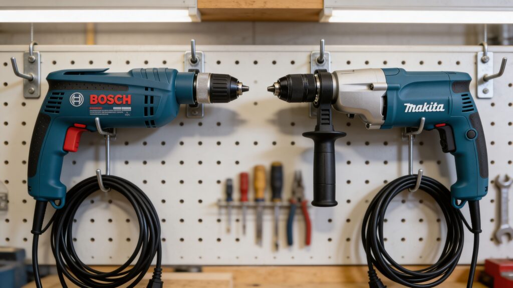 Hammer corded drill and standard corded drill displayed side by side in a workshop for professional head-to-head comparison