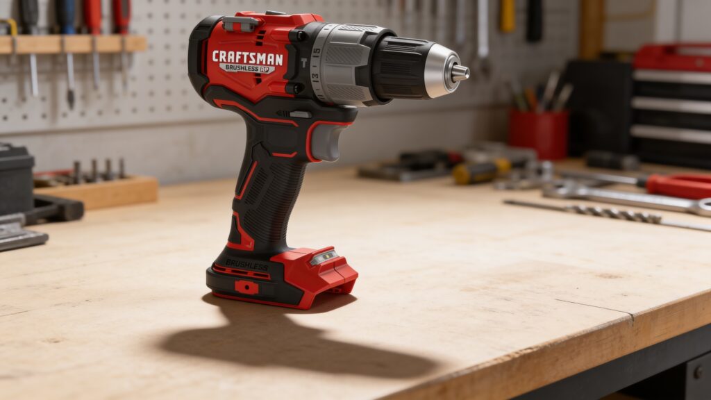 Hammer drill boring into a concrete wall with masonry bit, dust particles visible in a construction setting