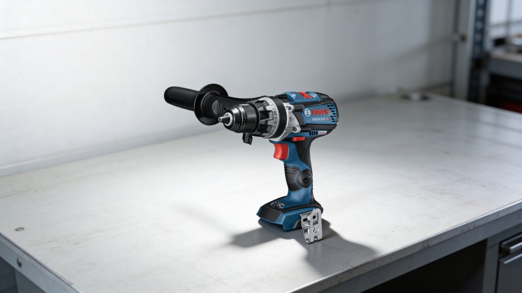 Professional contractor using a hammer drill to bore into a concrete wall on a jobsite