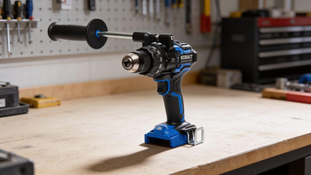 Hammer drill buying guide showing a professional hammer drill with masonry bits and construction materials