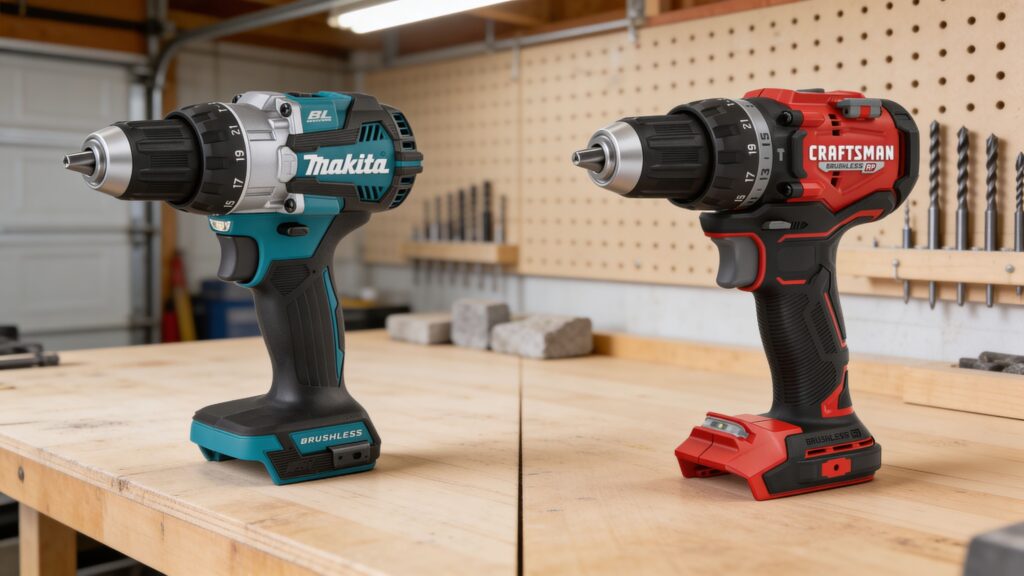 Two hammer drills positioned side-by-side on a neutral workshop bench illustrating hammer mode versus drill-only mode differences in a professional comparison setup.