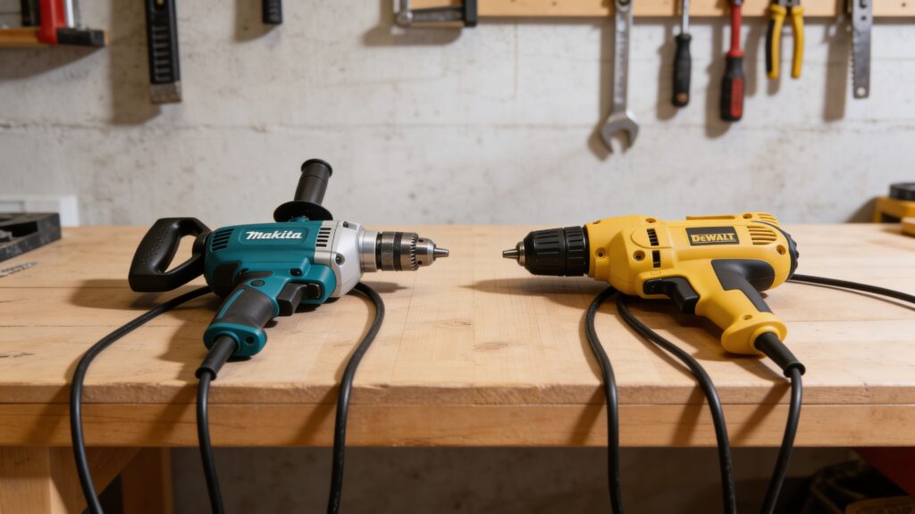 High-torque corded drill and compact corded drill positioned side by side on a workshop bench for professional comparison