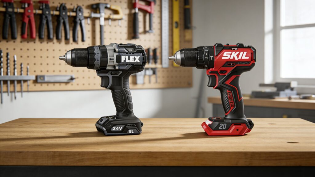 Two hammer drills positioned side by side on a workshop bench illustrating high torque versus high RPM performance differences