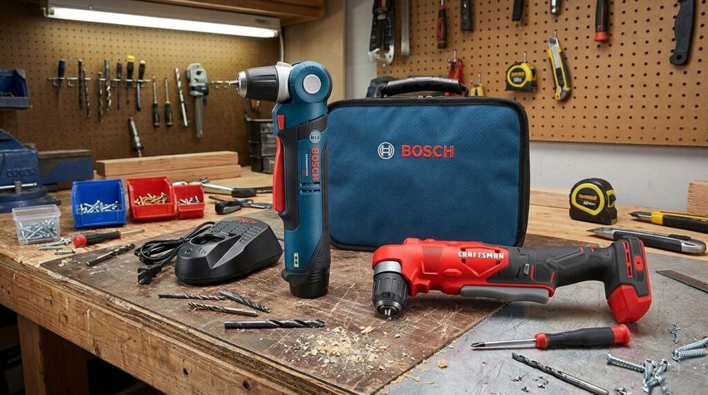 High-torque vs high-speed right-angle drills side by side comparison showing compact drill design, motor housing, and head orientation differences