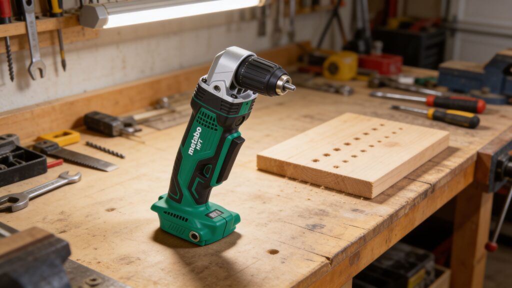 Right-angle drill operating between wall studs in a narrow framing cavity, demonstrating tight-space drilling control and compact head design
