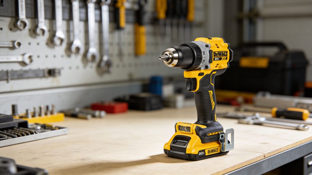 electrician using a cordless drill for electrical work in a residential setting