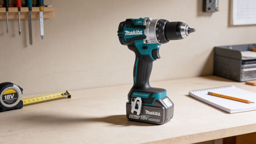 Cordless drill being used to assemble flat-pack furniture in a home workspace