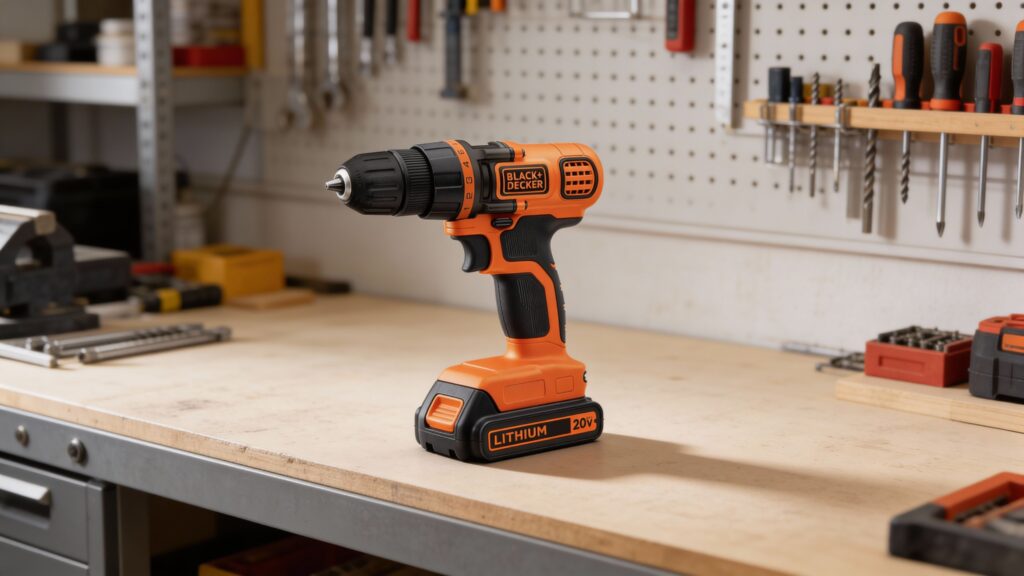 Cordless drill being used for a home renovation project with tools and materials in a residential workspace