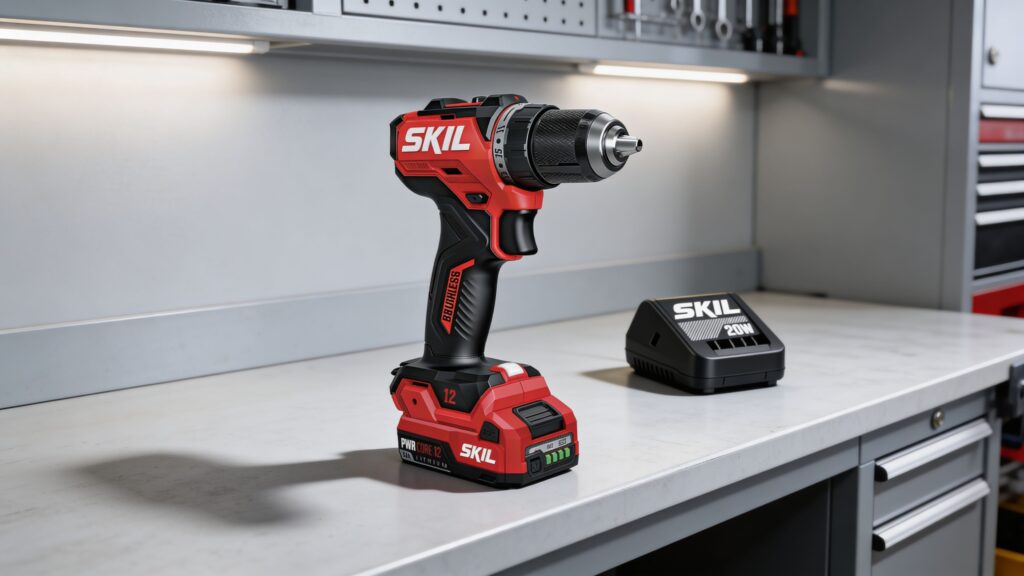 Cordless drill boring through a metal surface with visible metal shavings in a workshop setting