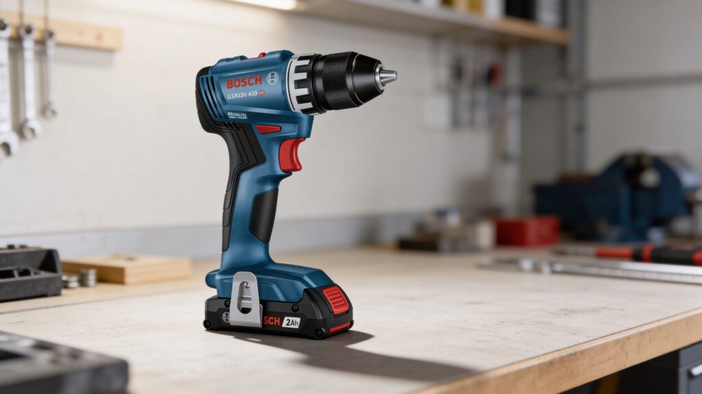 Cordless drill being used outdoors on a home project with wood materials and natural lighting
