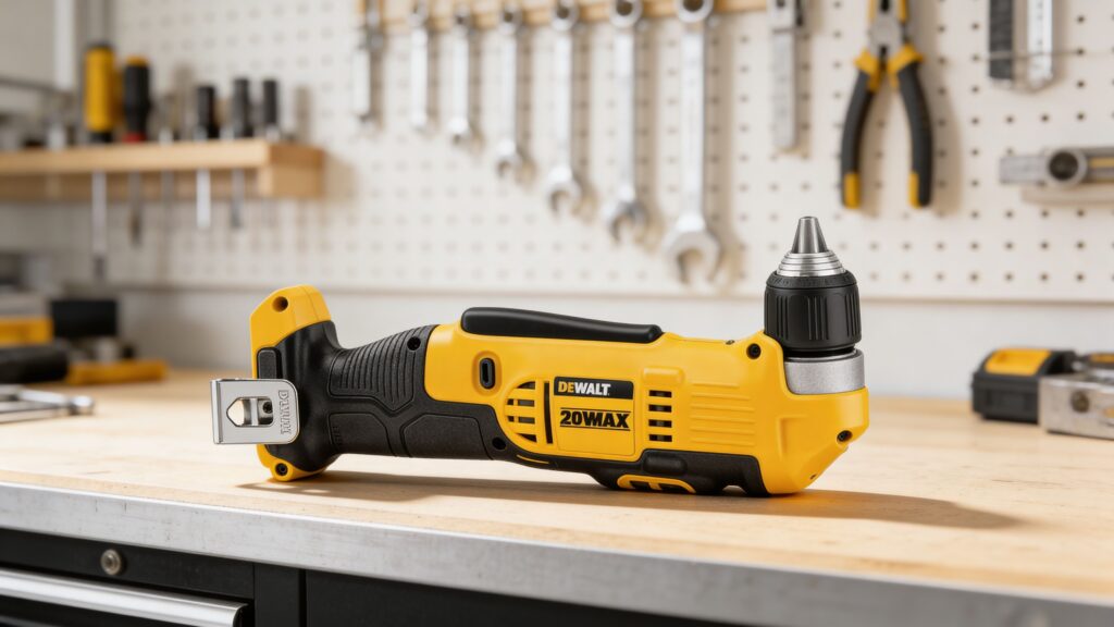 Electrician using a right-angle drill to bore holes through wall studs for electrical wiring in a residential construction setting