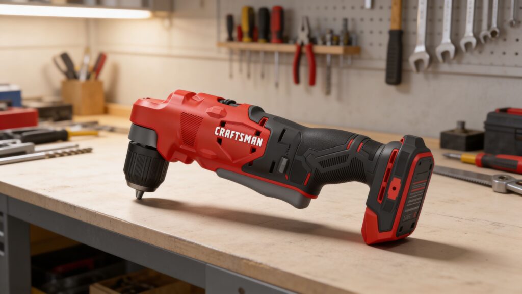 Right-angle drill boring through a wooden wall stud inside a framed construction wall