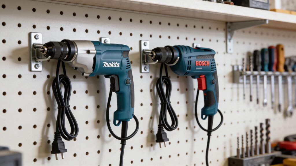 Makita DP4011 and Bosch 1005VSR corded drills positioned side by side for professional comparison