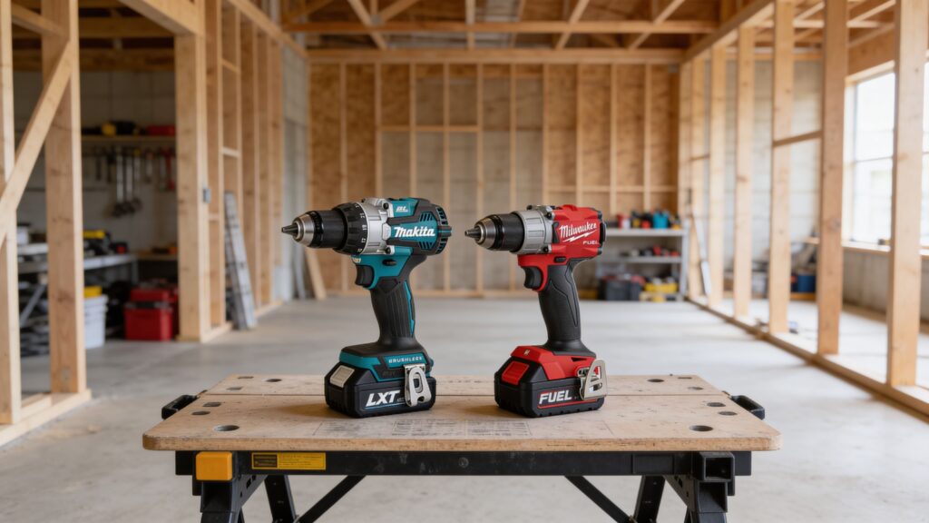 Makita XPH12Z and Milwaukee 2804-20 cordless hammer drills displayed side by side on a workshop bench for performance comparison