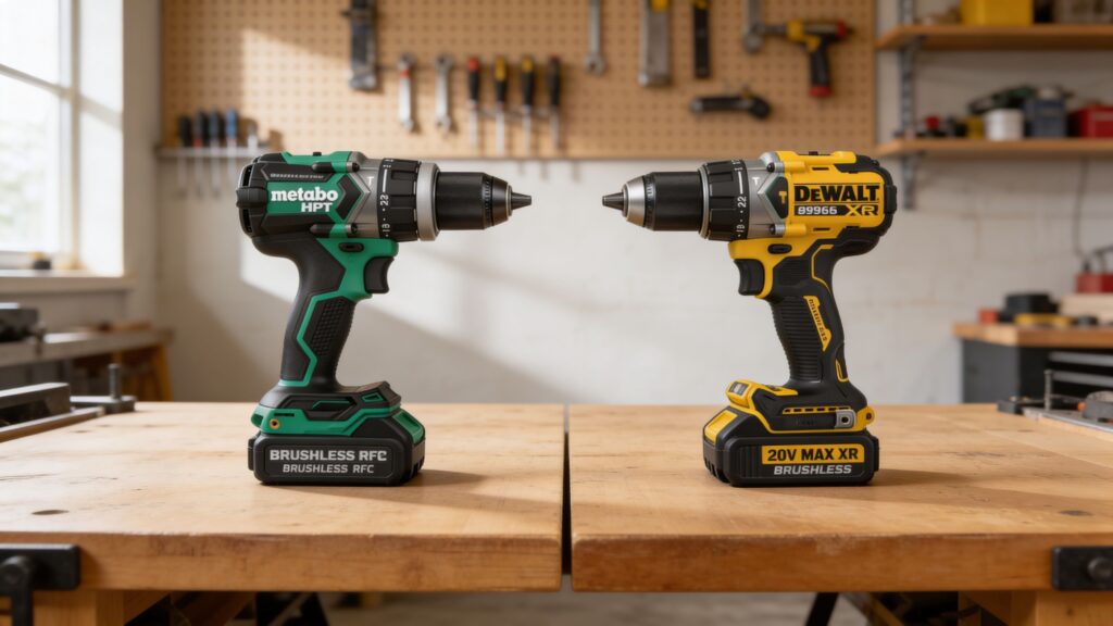 Metabo HPT DV18DBFL2 and DeWalt DCD996B cordless hammer drills positioned side by side on a workshop bench for professional comparison