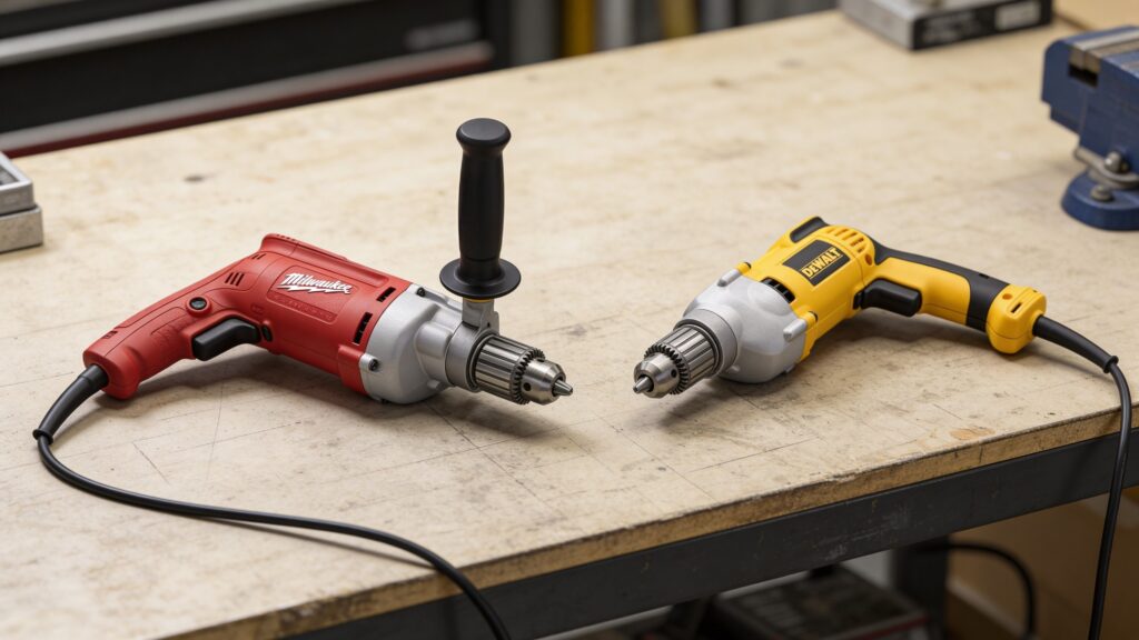 Milwaukee 0234-6 and DeWalt DWD210G corded drills positioned side by side on a workshop bench for professional comparison