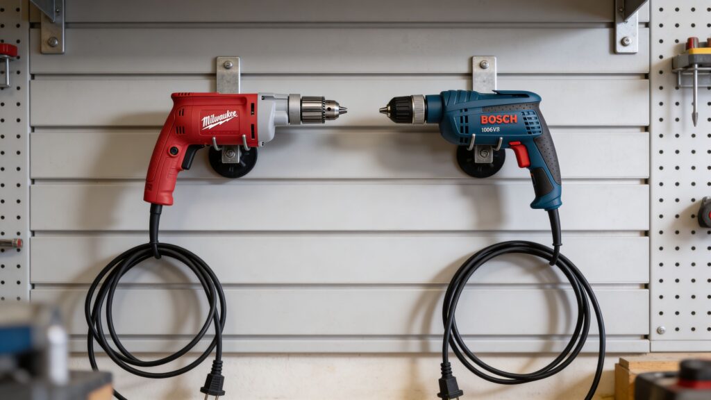 Milwaukee 0370-20 and Bosch 1006VSR corded drills positioned side-by-side on a workshop wall for professional head-to-head comparison
