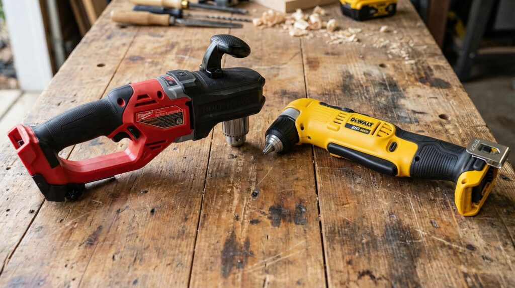 Milwaukee 2807-20 and DeWalt DCD740B right-angle drills positioned side by side on a workshop bench for professional comparison.