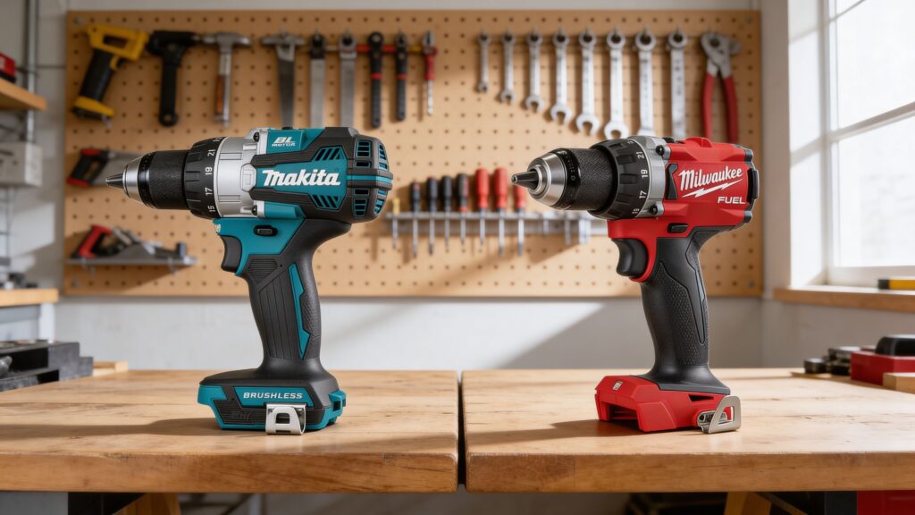 Milwaukee 2904-20 and Makita XPH07Z cordless hammer drills displayed side by side for performance and feature comparison