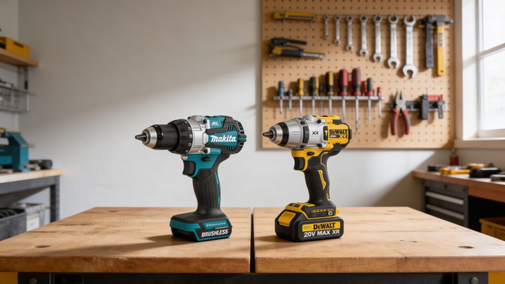 Milwaukee drill and DeWalt 20V Max XR drill positioned side by side on a workshop bench in a neutral, real-world comparison setup