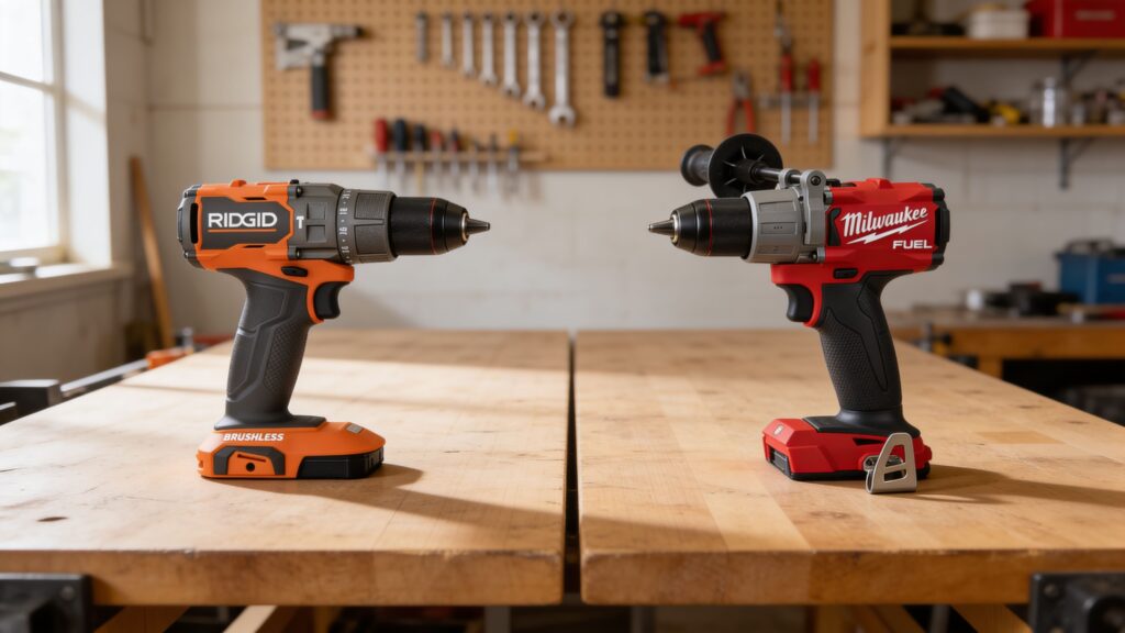 Ridgid R86115 and Milwaukee 2804-20 cordless hammer drills side by side for power, torque, and feature comparison